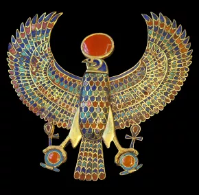 Falcon with outstretched wings carrying the solar disk